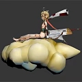 Anime Style Character Sitting On Fluffy Yellow Cloud With Red Ribbons And Blonde Hair
