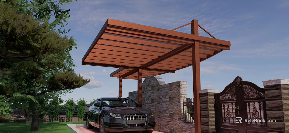 Wooden Pergola Over Driveway With Black Car And Stone Wall In Outdoor Space 3d model 