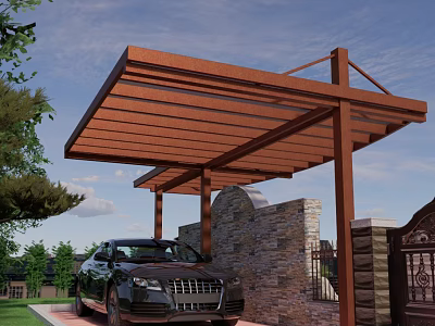 Wooden Pergola Over Driveway With Black Car And Stone Wall In Outdoor Space 3d model