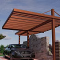 Wooden Pergola Over Driveway With Black Car And Stone Wall In Outdoor Space