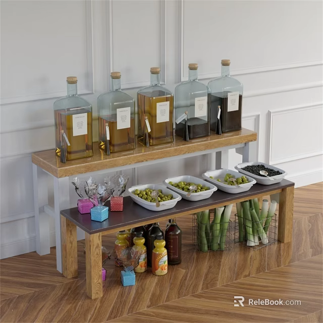 Wooden Display Shelf with Glass Bottles Bowls of Olives Small Bottles and Bamboo Skewers 3d model 
