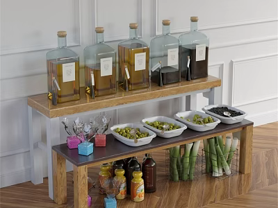 Wooden Display Shelf with Glass Bottles Bowls of Olives Small Bottles and Bamboo Skewers 3d model