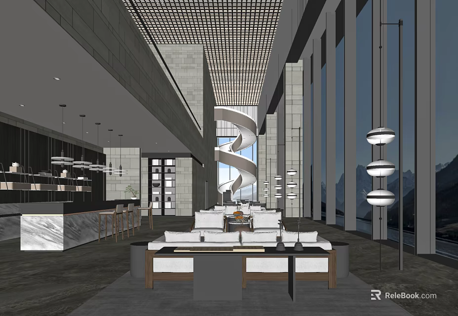 Modern Leisure Area Interior With Spiral Staircase Large Windows Bar Counter And Sofas 3d model