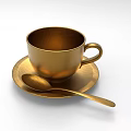 Golden Metallic Cup With Saucer And Spoon On White Background
