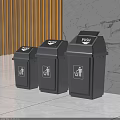 Three Gray Trash Cans With PUSH Sign And Human Figure Icon On Tile Floor