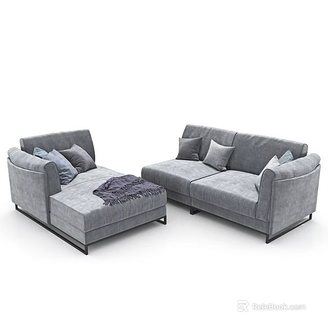 Modern Gray Sofa Set with Plush Pillows and Ottoman for Contemporary Living Room 3d model 