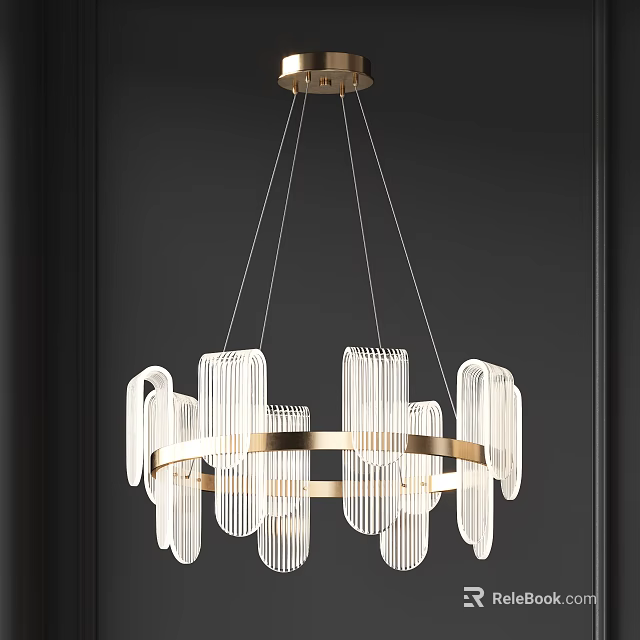 Sleek Modern Luxury Chandelier with Golden Metal Ring Transparent Long Strip Lampshades in Black Room 3d model 