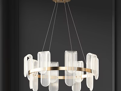 Sleek Modern Luxury Chandelier with Golden Metal Ring Transparent Long Strip Lampshades in Black Room 3d model