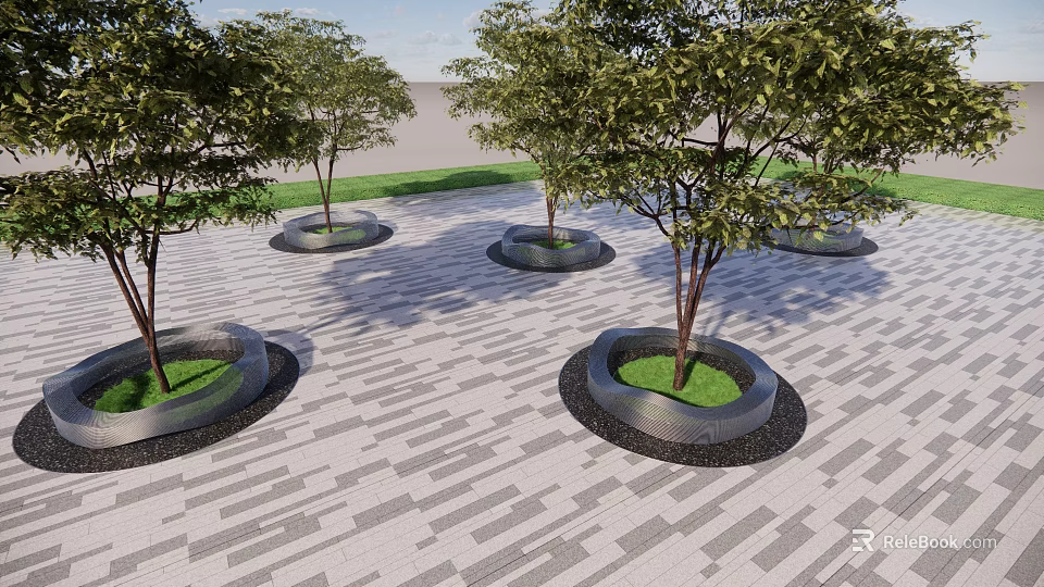 Multiple Circular Tree Planters With Green Trees On Paved Outdoor Landscaped Area 3d model 