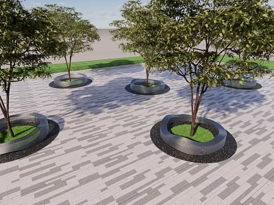 Multiple Circular Tree Planters With Green Trees On Paved Outdoor Landscaped Area 3d model
