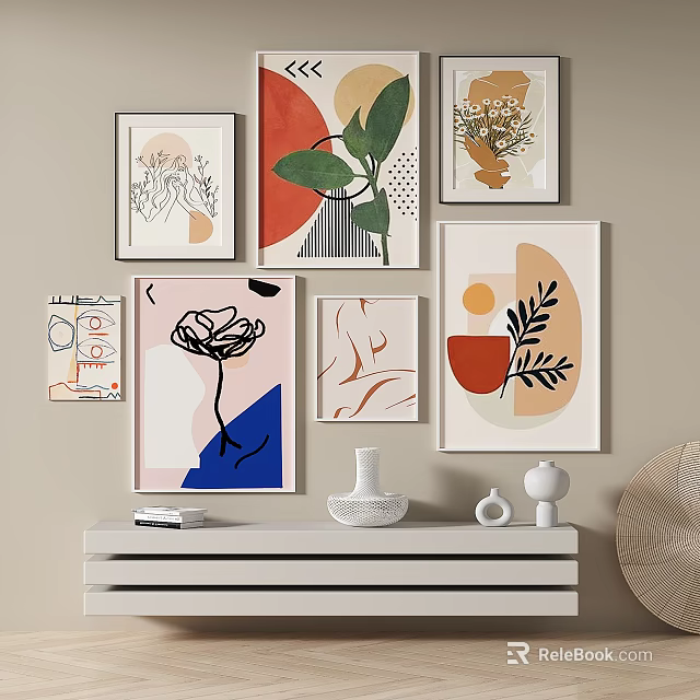 Art Prints And Minimalist Decor On Wall Above Console Table 3d model
