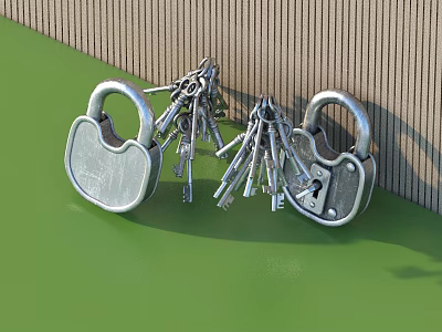 Unique Silver Key And Lock Themed Jewelry Design On Green Background 3d model