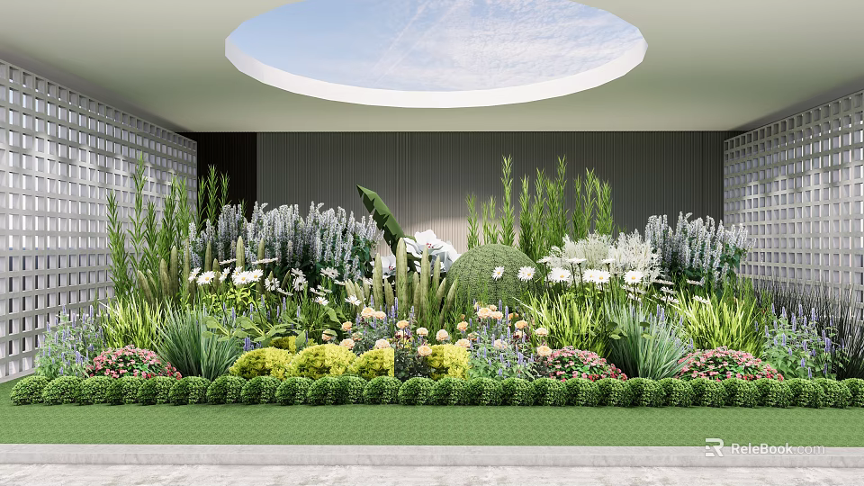 Lush Plant Combination With Tall Greenery Spherical Shrubs And Colorful Flowers Under Skylight 3d model 