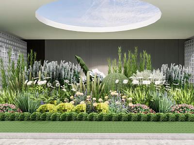 Lush Plant Combination With Tall Greenery Spherical Shrubs And Colorful Flowers Under Skylight 3d model