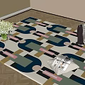 Square Area Rug With Geometric Pattern Blue Green Pink Tones For Living Room