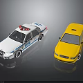 White Police Toy Car With Red Lights And Yellow Taxi Vehicle On Black Surface