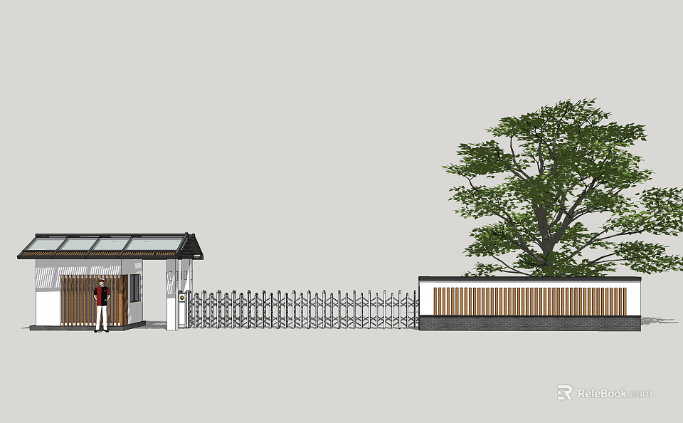 Modern Entrance Gate With Gate House Metal Fence And Tree In Exterior View 3d model 