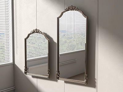 Elegant Ornate Mirrors With Intricate Frames Hanging On Wall By Window With Blinds 3d model