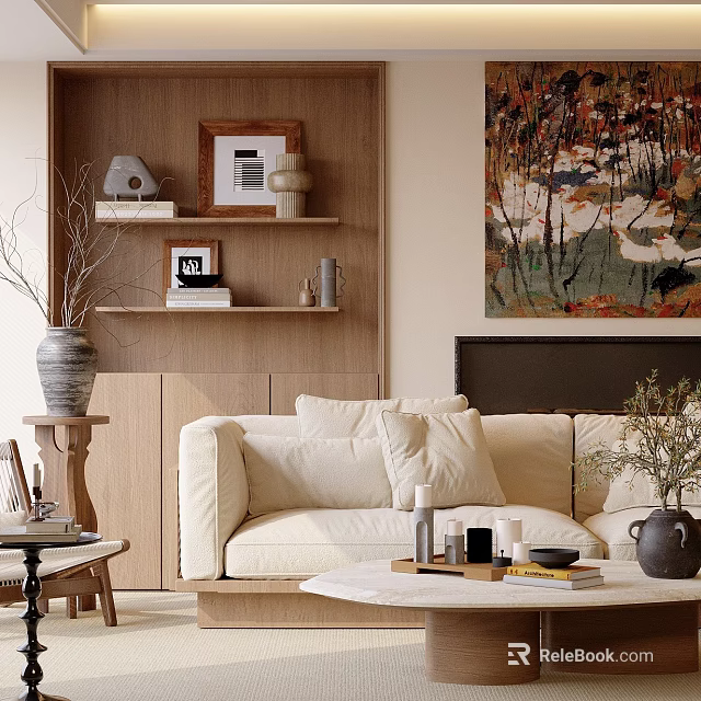 Modern Living Room Interior With Wooden Shelves Beige Sofa And Decorative Painting 3d model 