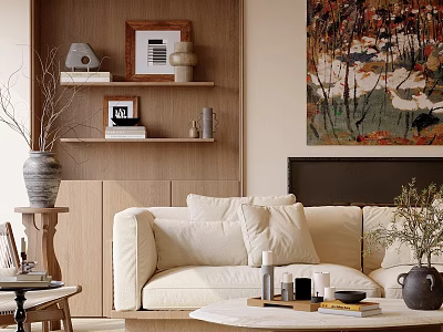 Modern Living Room Interior With Wooden Shelves Beige Sofa And Decorative Painting 3d model