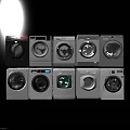 Multiple Black and White Washing Machines with Various Styles Arranged in