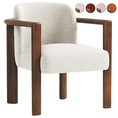Modern Single Chair with Wooden Armrests and White Textured Fabric Upholstery 3d model