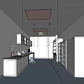 Laboratory Interior Featuring White Walls Blue Flooring Ceiling Lights Workbench Glass Door Cabinets And Refrigerator