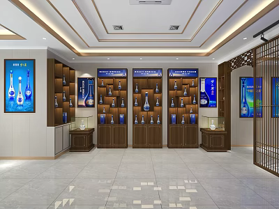 Elegant Showroom Interior With Wooden Shelves Blue Bottles And Display Cabinets 3d model