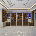 Elegant Showroom Interior With Wooden Shelves Blue Bottles And Display Cabinets