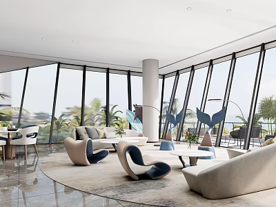 Modern Casual Lounge Interior With Large Windows Sofas Chairs And Plants 3d model