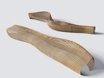 Modern Sleek Wavy Wooden Landscape Seats With Striped Design For Outdoor Spaces 3d model