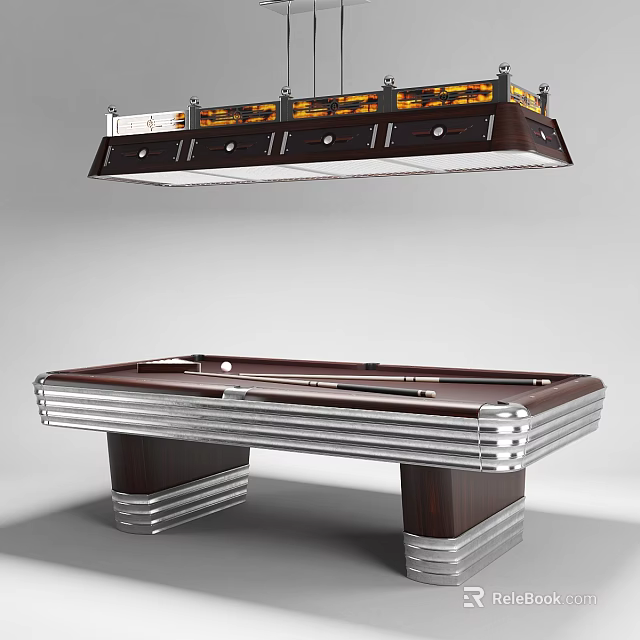 Professional Billiard Table Sports Equipment With Wooden Surface Metal Frame And Hanging Lights 3d model 