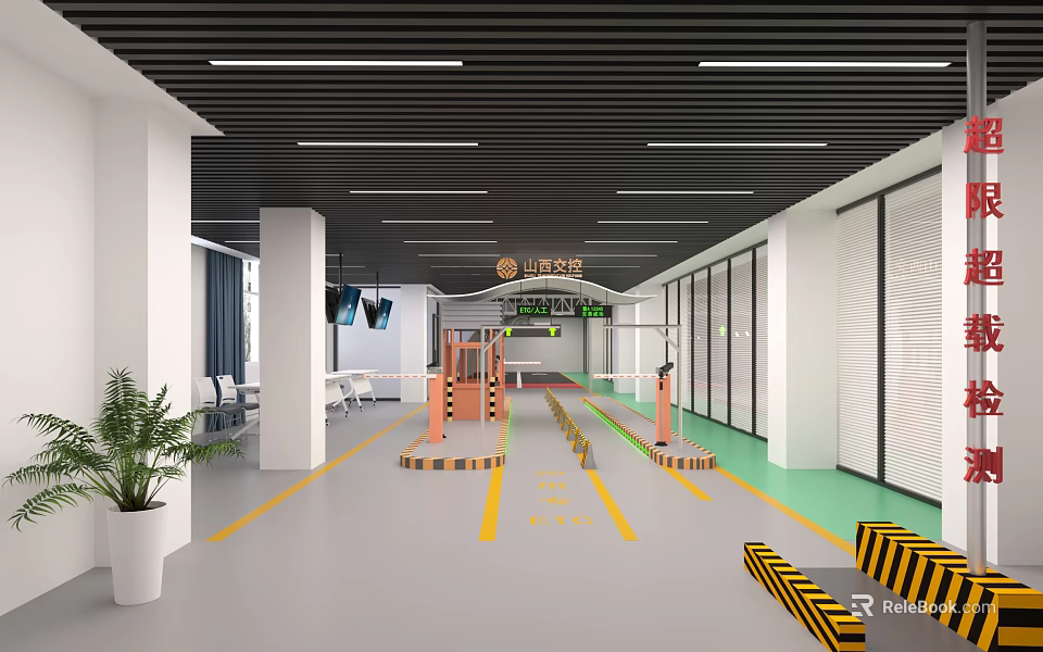 Interior Of Indoor Parking Lot With Gates Markings And Greenery 3d model 