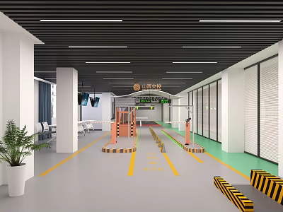 Interior Of Indoor Parking Lot With Gates Markings And Greenery 3d model