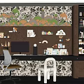 Modern Home Office Desk With Computer Lamp Decorative Items And Patterned Wall