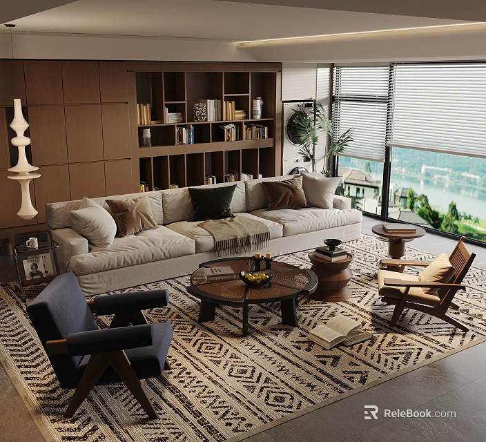 Modern Beige Sofa With Multiple Cushions Round Wooden Coffee Table Geometric Rug And Floor Lamp 3d model 