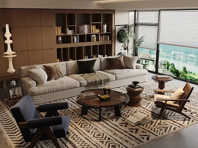 Modern Beige Sofa With Multiple Cushions Round Wooden Coffee Table Geometric Rug And Floor Lamp 3d model