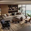 Modern Beige Sofa With Multiple Cushions Round Wooden Coffee Table Geometric Rug And Floor Lamp