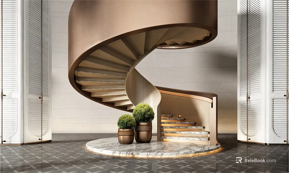 Modern Luxury Spiral Staircase With Brass Railing And Potted Plants On Marble Floor 3d model 