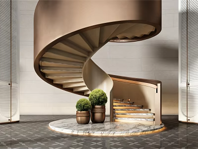 Modern Luxury Spiral Staircase With Brass Railing And Potted Plants On Marble Floor 3d model