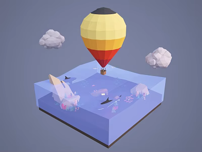Cartoon Scene With Yellow Red Hot Air Balloon Clouds Water And Underwater Fish Coral 3d model