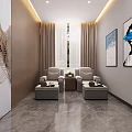 Elegant Modern Lobby Area With White Reception Desk Mirrored Ceiling Pendant Lights And Marble Flooring