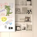 Bookshelf With Books Decorations And Whiteboard Featuring Hand Drawn Crocodile Flower Smiley Hearts