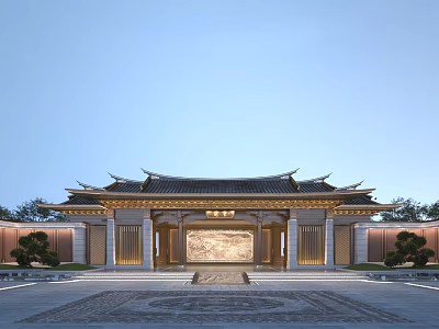 Traditional Chinese Entrance Gate with Classic Eaves Golden Decorations Steps Stone Screen and Green Plants 3d model