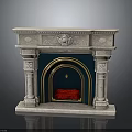 Classical Stone Fireplace With Carved Mantel And Dark Interior Red Accents