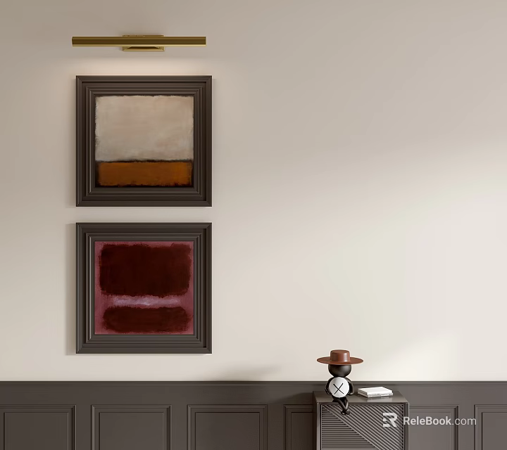 Framed Landscape Paintings On Neutral Wall With Small Table Below Hat And Clock 3d model