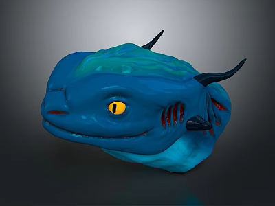 Fantasy Creature Head 3D Model With Blue Green Skin Yellow Eyes And Horn Protrusions 3d model