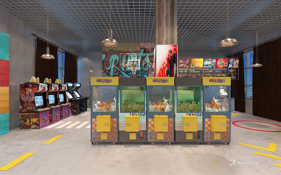 Indoor Playground With Colorful Claw Machines Arcade Games Graffiti Wall And Pendant Lights 3d model 