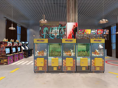 Indoor Playground With Colorful Claw Machines Arcade Games Graffiti Wall And Pendant Lights 3d model