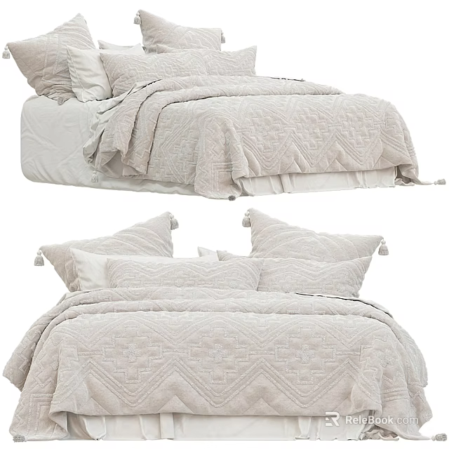 Modern Double Bed With Textured Beige Bedding And Decorative Pillows 3d model 